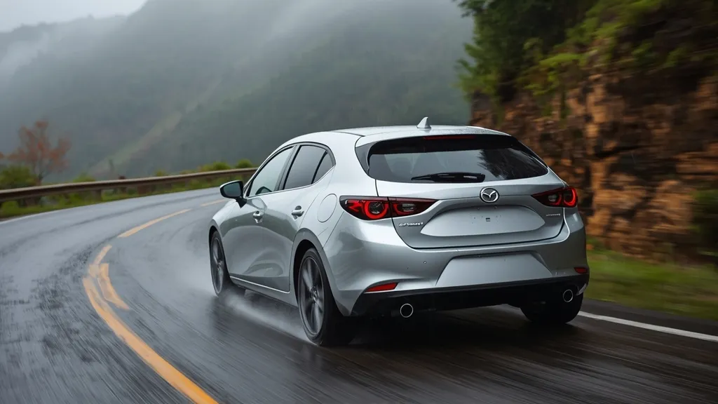 2019 Mazda 3 AWD driving confidently on a wet, winding mountain road, showcasing its refined performance.