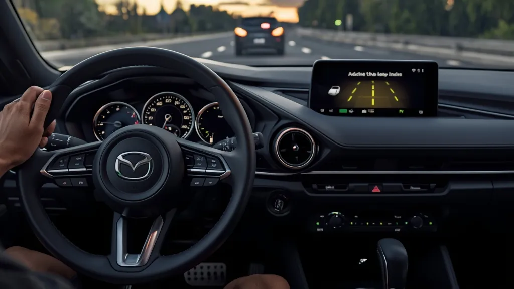 Driver view of 2019 Mazda 3 instrument cluster with active i-Activsense safety features displayed.