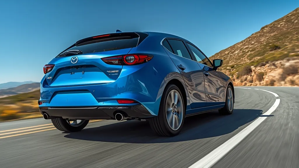 Dynamic 2020 Mazda 3 hatchback in blue, highlighting bold C-pillar design and sleek rear profile.