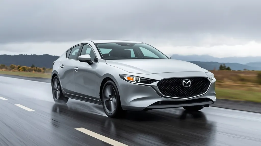 2020 Mazda 3 AWD driving confidently on a wet road, showcasing i-Activ traction and stability.