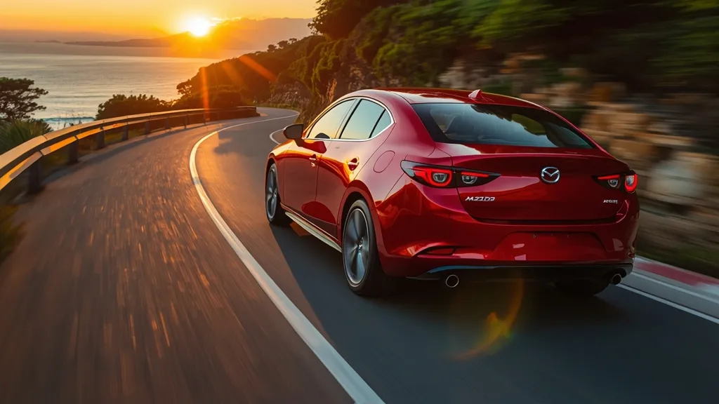 Dynamic shot of a red 2021 Mazda 3 sedan on a scenic road, highlighting its elegant Kodo design.