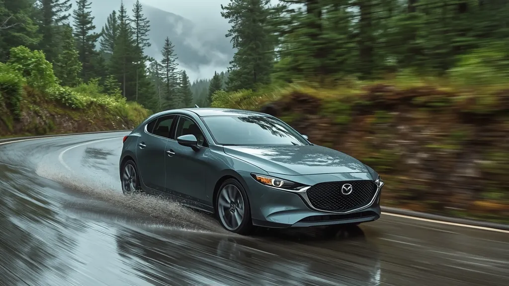 2021 Mazda 3 hatchback navigating a wet, winding mountain road, demonstrating its all-wheel drive capability.