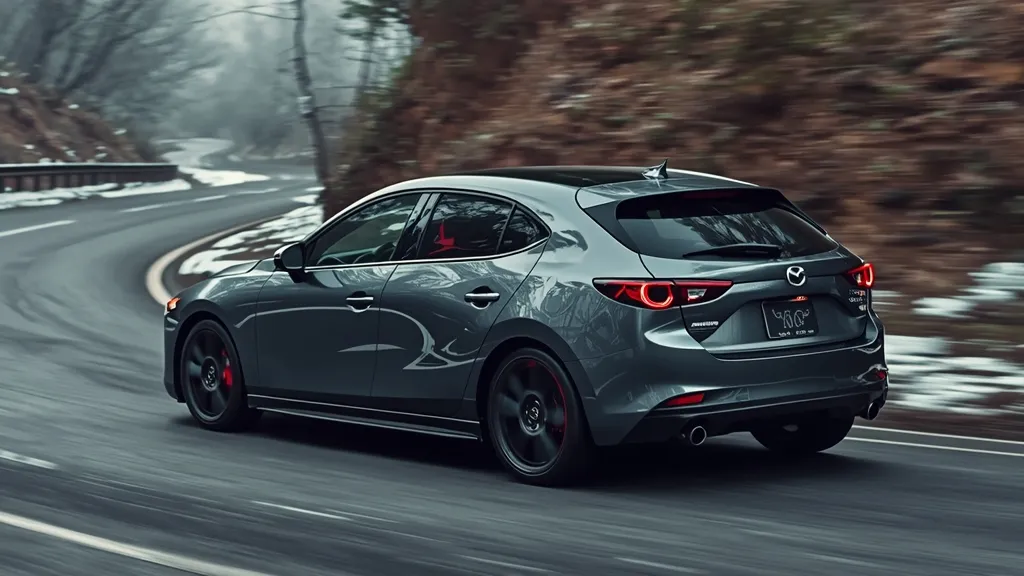 2022 Mazda 3 Carbon Edition hatchback driving on a winding road, showcasing AWD capability and unique styling.