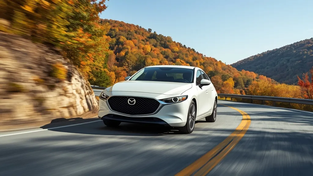 2023 Mazda 3 navigating a winding road, demonstrating its engaging driving experience and AWD system.