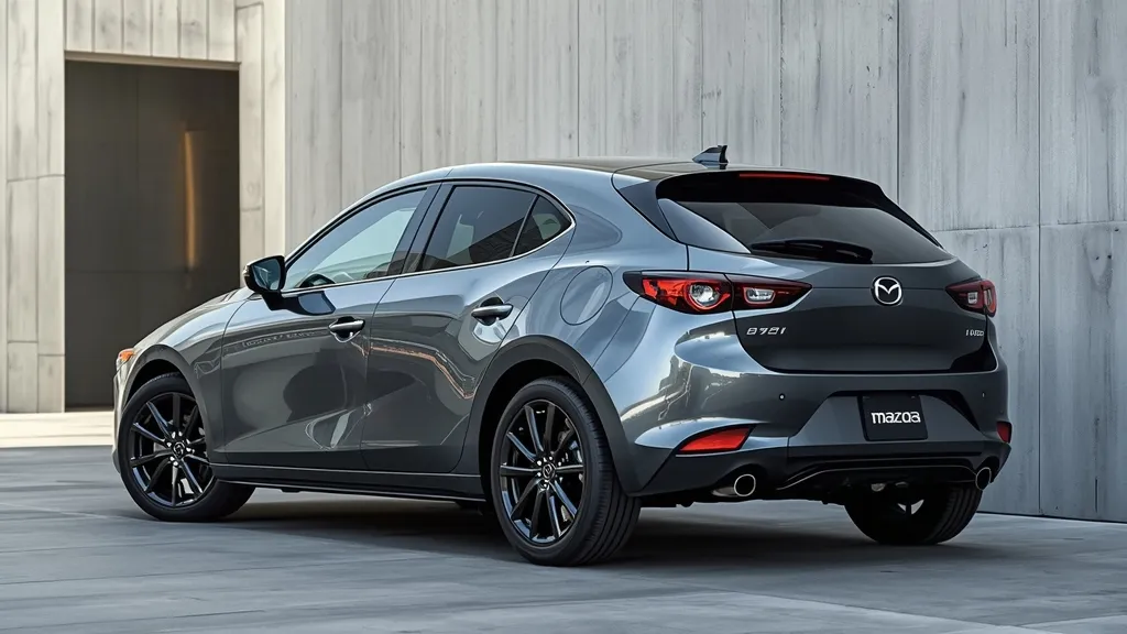 Rear view of 2023 Mazda 3 Carbon Edition hatchback, showcasing black accents and unique styling.