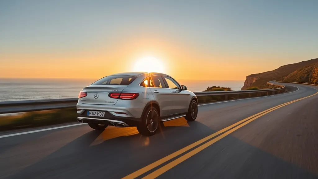 Sleek side profile of the 2024 Mercedes-Benz GLC Coupe driving on a winding coastal road at sunset.
