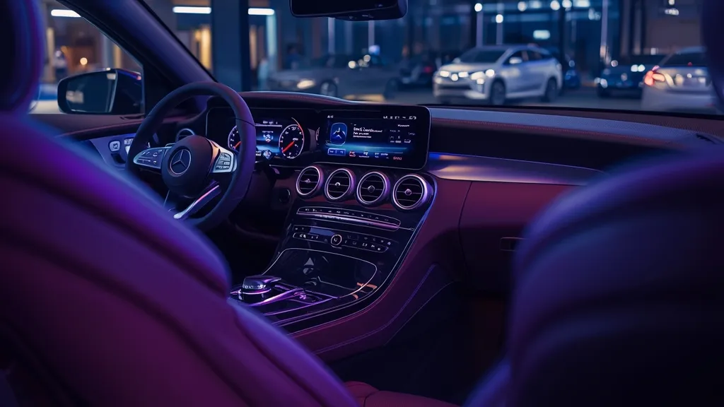 Luxurious interior of the 2024 GLC Coupe featuring MBUX screens and ambient lighting.