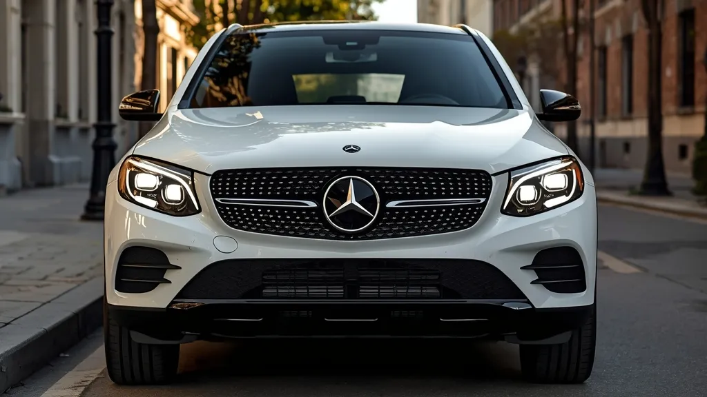 Front three-quarter view of the 2024 GLC 300 4MATIC Coupe showcasing its grille and headlights.