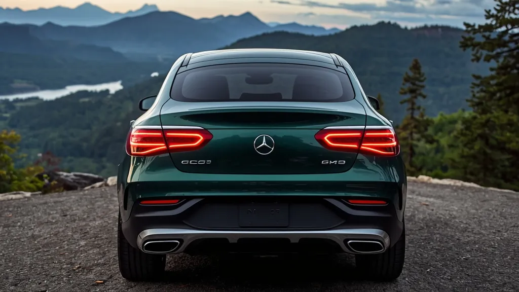 Rear view of the 2024 GLC Coupe parked in a scenic mountain landscape, showcasing taillights.