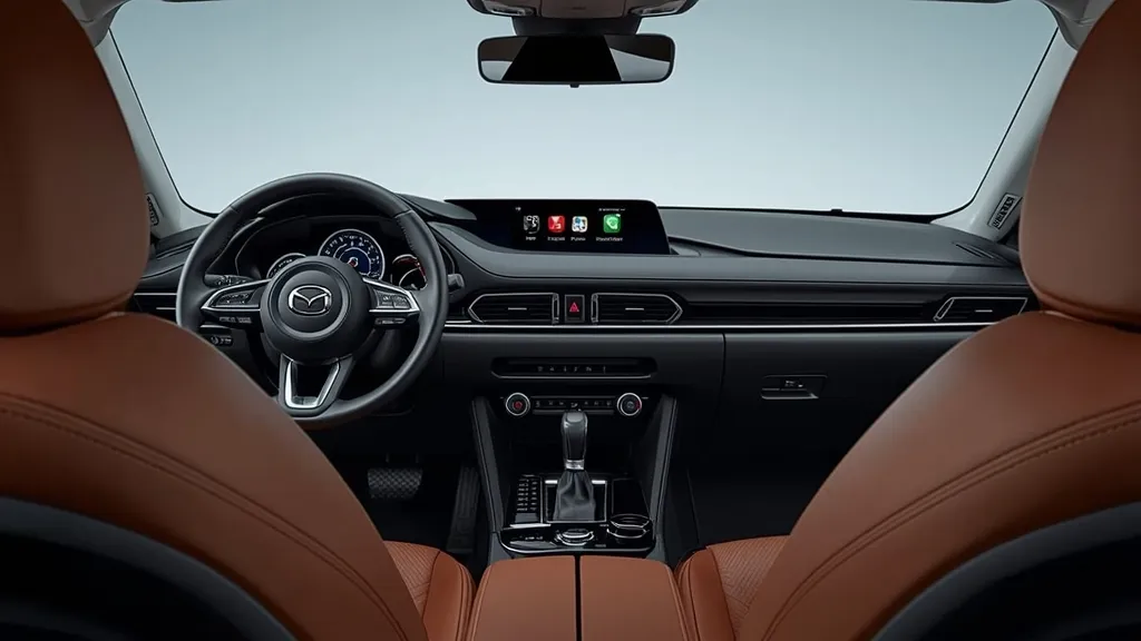 Interior of 2024 Mazda 3 featuring new 10.25-inch infotainment screen and terracotta leatherette.
