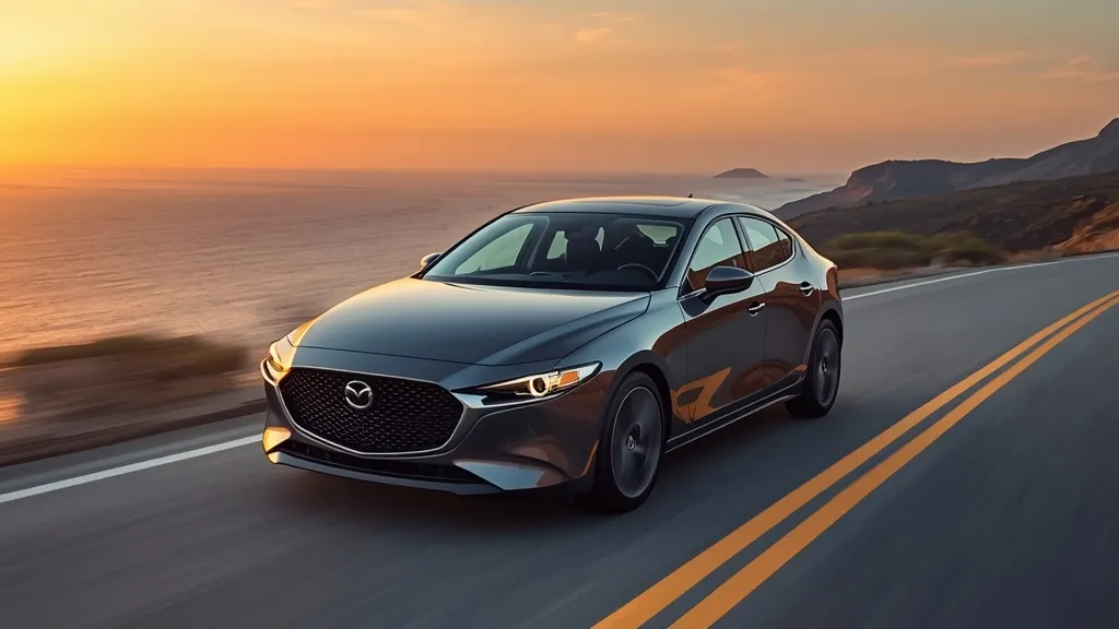 2024 Mazda 3 Carbon Turbo sedan driving on a winding coastal road, emphasizing performance.