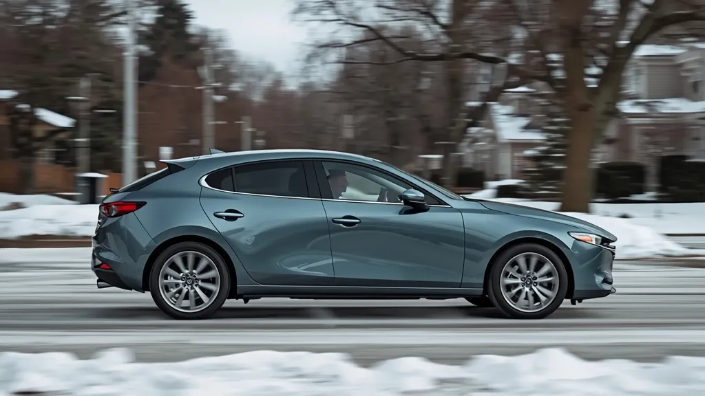 Side profile of 2024 Mazda 3 AWD hatchback navigating a light snowy road with confidence.