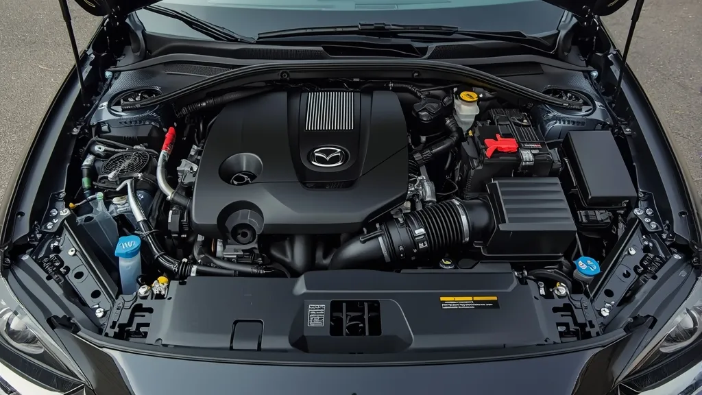 Detailed close-up of 2024 Mazda 3 engine bay, showcasing Skyactiv-G Turbo powertrain.