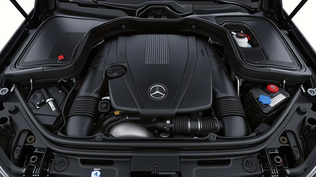 Mercedes GLC 2024 mild hybrid engine bay with EQ Boost technology components highlighted.