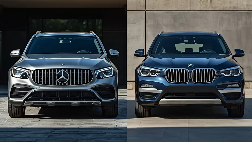 2024 Mercedes GLC vs BMW X3 parked side-by-side, emphasizing design differences.