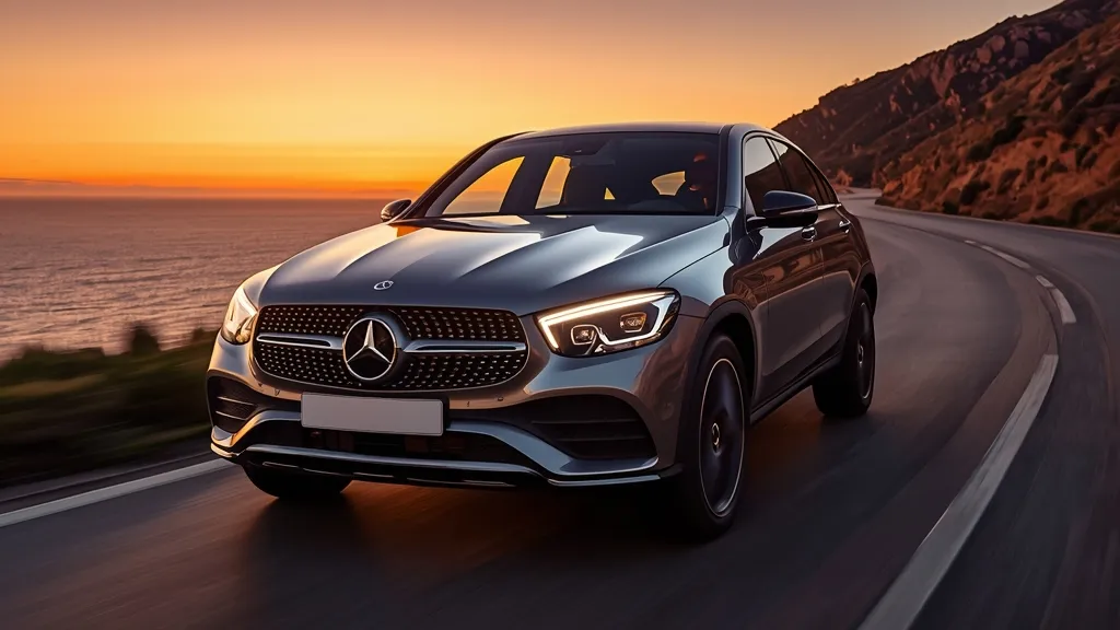 Dynamic front-side view of the 2025 Mercedes-Benz GLC Coupe, showcasing its sleek LED headlights and sculpted grille.