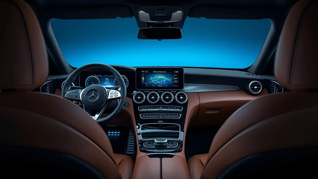 Luxurious and high-tech 2025 GLC Coupe interior with large MBUX central touchscreen and digital instrument cluster.