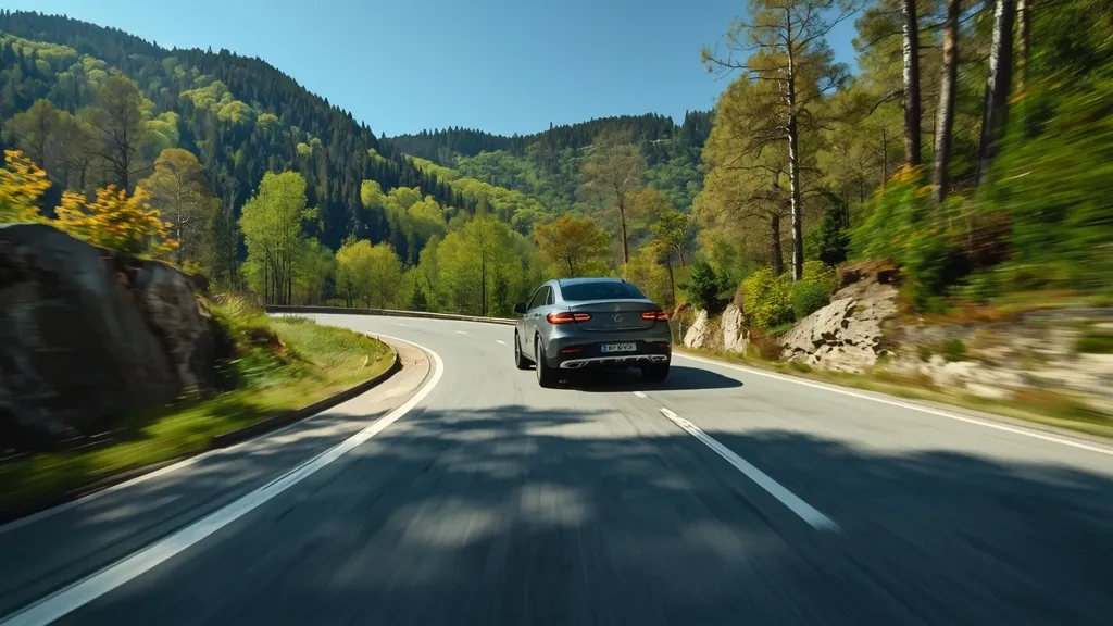 2025 GLC Coupe navigating winding mountain roads, demonstrating its refined handling and DYNAMIC SELECT capabilities.