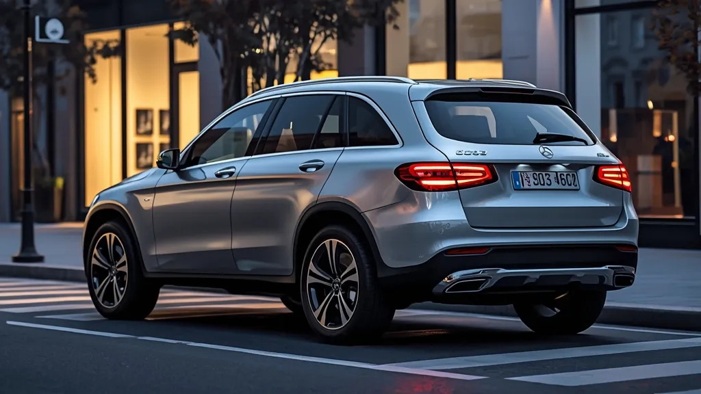 2025 Mercedes GLC exterior showcasing elegant design, LED lighting, and aerodynamic lines in a city setting.
