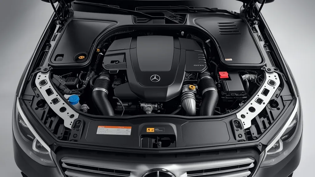 2025 Mercedes GLC 300 engine bay featuring 2.0L turbo with 48V mild-hybrid EQ Boost technology.