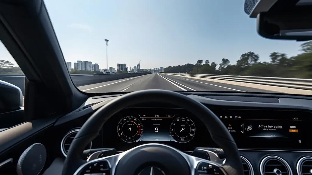 Mercedes GLC 2025 utilizing advanced driver assistance systems (ADAS) for active lane keeping on a highway.