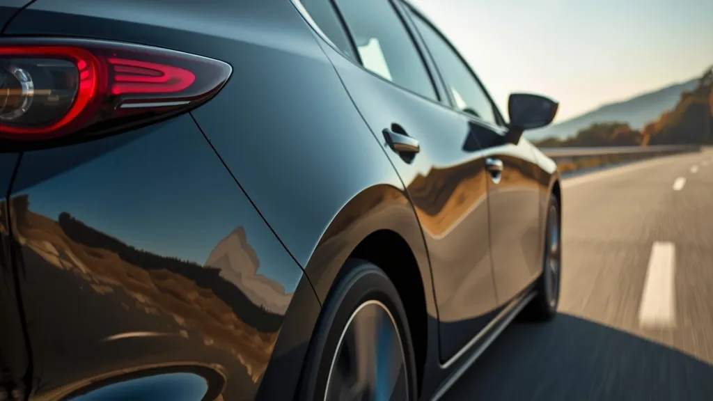 Innovative 2026 Mazda 3 hybrid engine bay, clean design, with prominent "Hybrid" badging on the exterior.