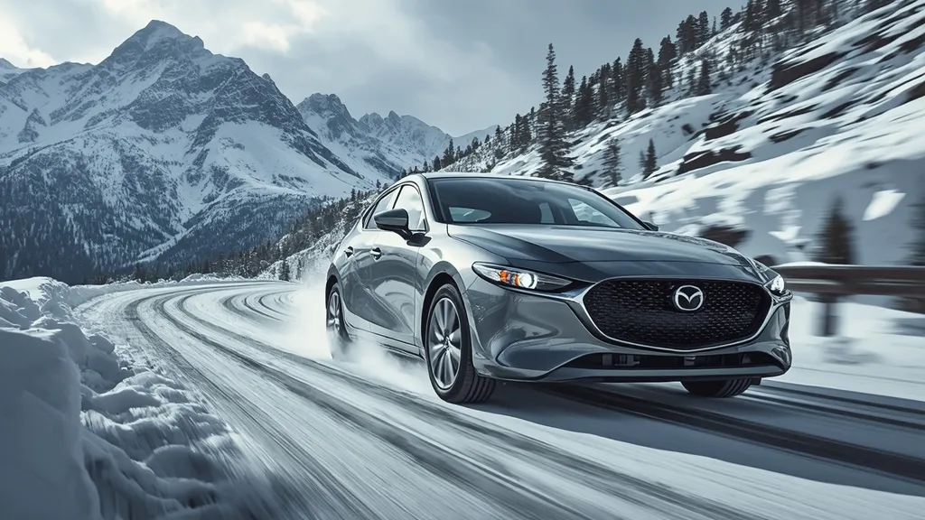 Dynamic 2026 Mazda 3 AWD driving confidently through winding snowy mountain road, emphasizing performance.