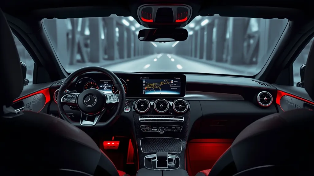 The high-tech interior cockpit of the Mercedes-AMG GLC 43, showing the large central touchscreen and digital instrument cluster, which contribute to its overall cost.