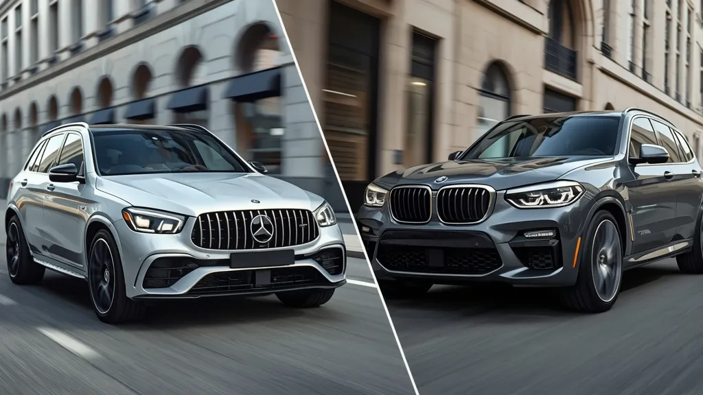 A conceptual image showing the Mercedes-AMG GLC 43 and the BMW X3 M40i, representing the intense price and performance competition between these two SUVs.