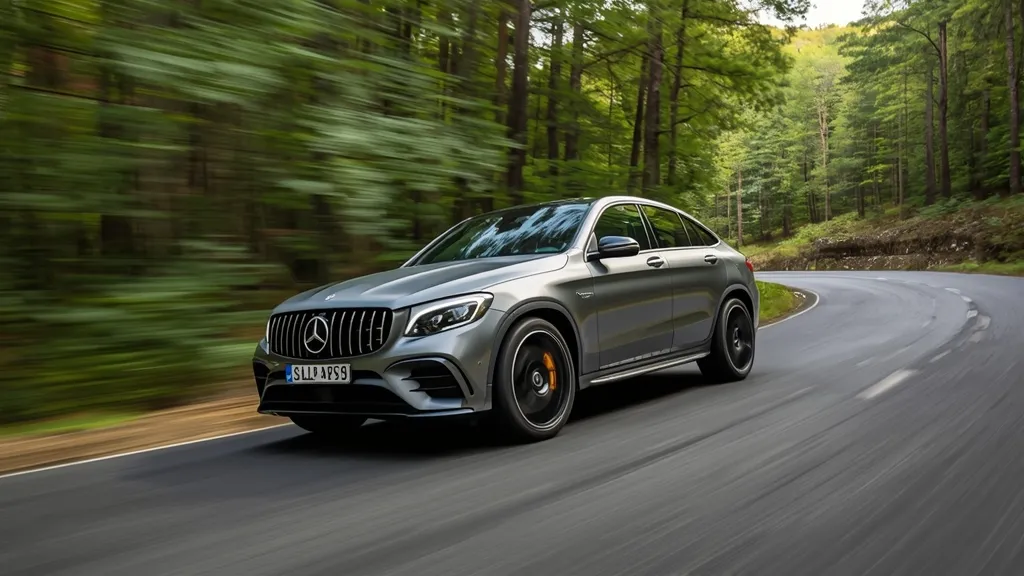 The sleek 2024 Mercedes-AMG GLC 43 Coupe in selenite grey magno, cornering on a winding mountain road, showcasing the performance justifying its premium price.
