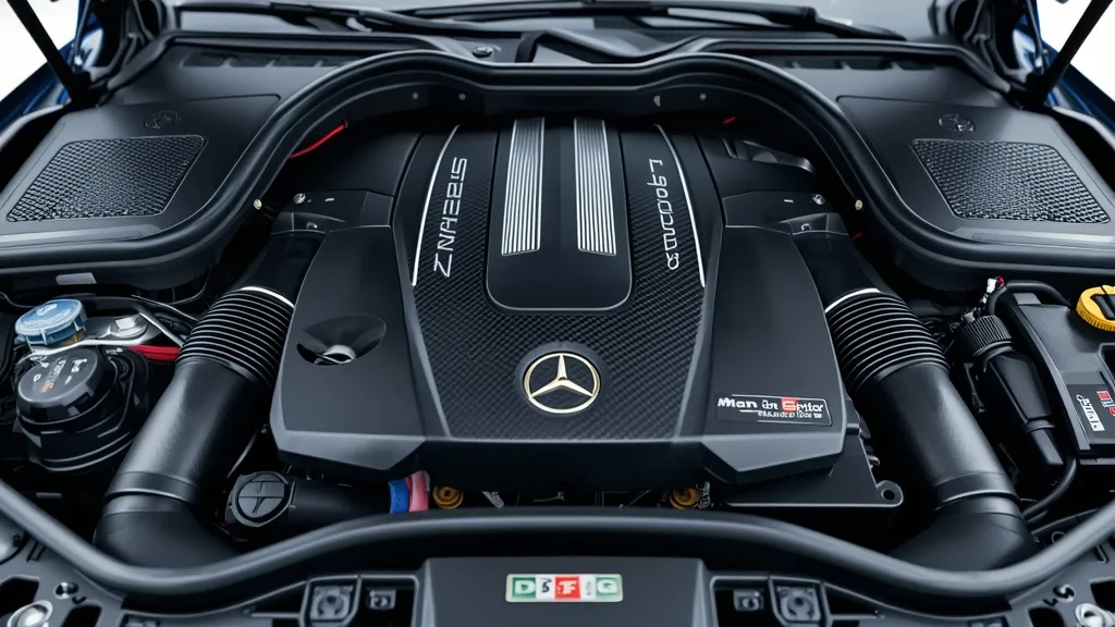 A detailed shot of the 2024 Mercedes-AMG GLC 43 M139l four-cylinder turbo engine, showing the "Handcrafted by" plaque.