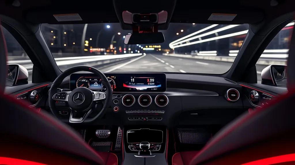 The luxurious interior cockpit of the 2024 AMG GLC 43, focusing on the large MBUX infotainment screen and AMG steering wheel.