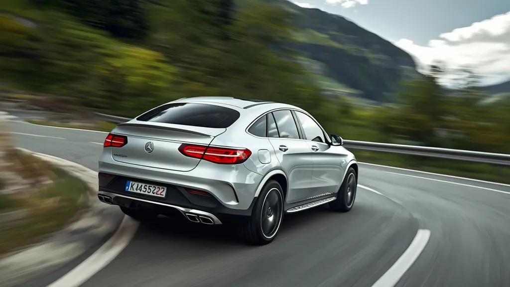 A dynamic action shot of a silver Mercedes-AMG GLC 43 Coupe cornering on a winding mountain road, showcasing its driving dynamics.