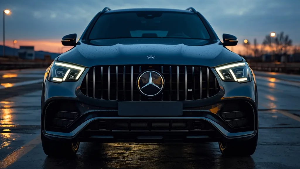 The aggressive front view of the 2024 AMG GLC 43, highlighting the iconic Panamericana grille and sleek LED headlights.