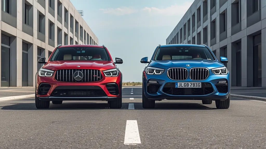 A side-by-side comparison of the 2024 AMG GLC 43 and the BMW X3 M40i, parked opposite each other.