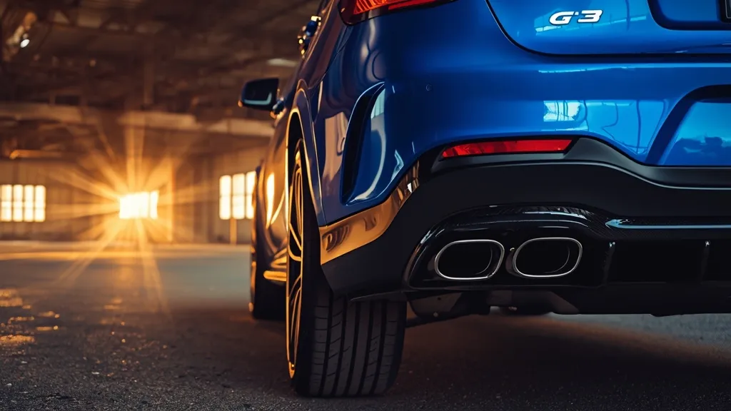 An aggressive, low-angle shot of the previous generation V8-powered Mercedes-AMG GLC 63 S in brilliant blue.