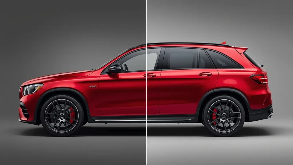 A side-by-side comparison of the new hybrid AMG GLC 63 and the classic V8 model, highlighting their design evolution.