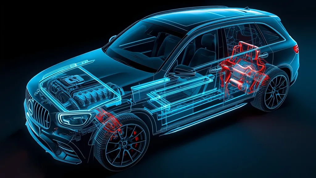 A stylized cutaway view of the Mercedes E PERFORMANCE hybrid powertrain, showing the engine, battery, and electric motor.