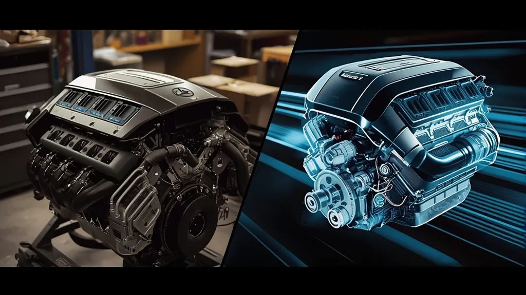 A conceptual split-image comparing the powerful V8 engine of the old AMG GLC 63 S with the new four-cylinder hybrid powertrain.