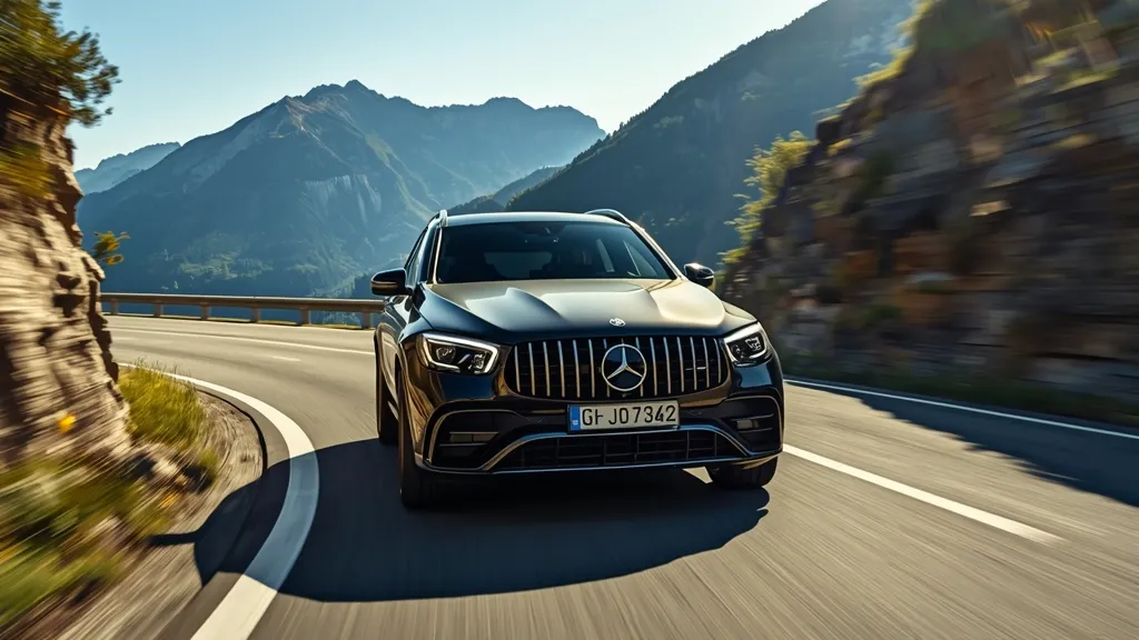 The new 2025 AMG GLC 63 S E Performance demonstrating its advanced handling and AMG Ride Control+ suspension on a winding mountain road.