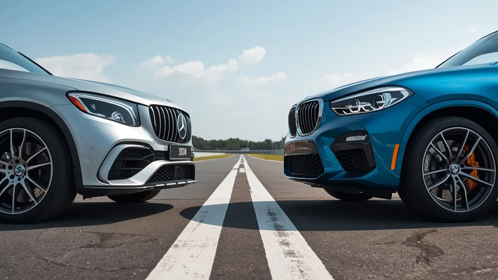 A side-by-side comparison of the Mercedes-AMG GLC 63 S and its main rival, the BMW X3 M Competition, on a racetrack.
