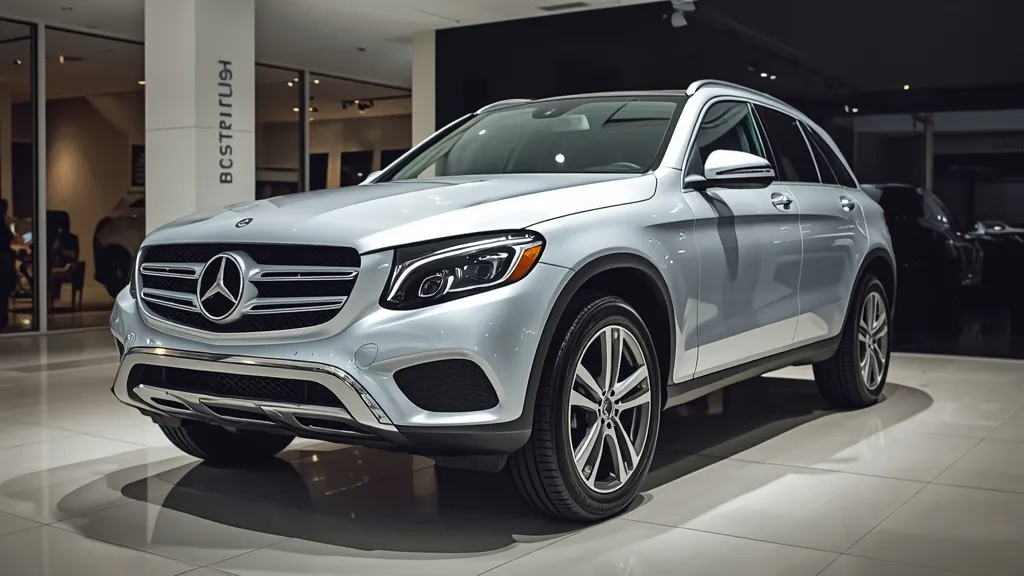 A pristine, brand-new Mercedes-Benz GLC 200 4MATIC in a dealership showroom, highlighting its starting price.