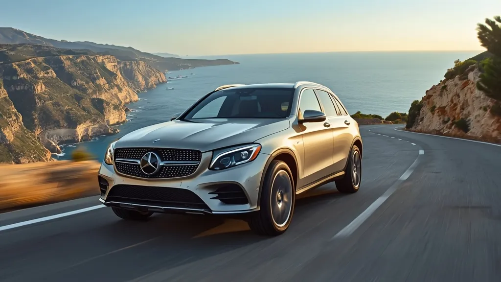 Dynamic shot of a sleek silver Mercedes-Benz GLC 200 4MATIC navigating a scenic coastal road, showcasing its elegant exterior dimensions.