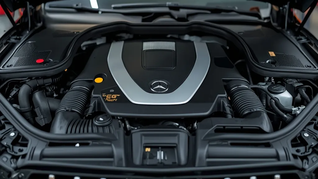 Close-up view of the Mercedes-Benz GLC 200 4MATIC engine bay, highlighting the 2.0L mild-hybrid system details.