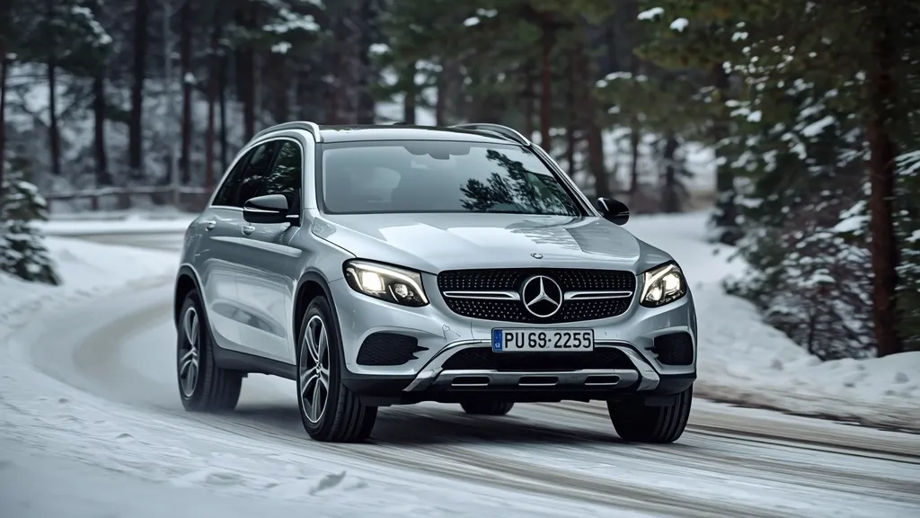 Mercedes-Benz GLC 200 4MATIC driving confidently through light snow, demonstrating its superior 4MATIC all-wheel-drive capabilities.