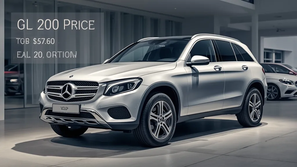 Mercedes-Benz GLC 200 front view with detailed pricing overlay on a showroom floor.