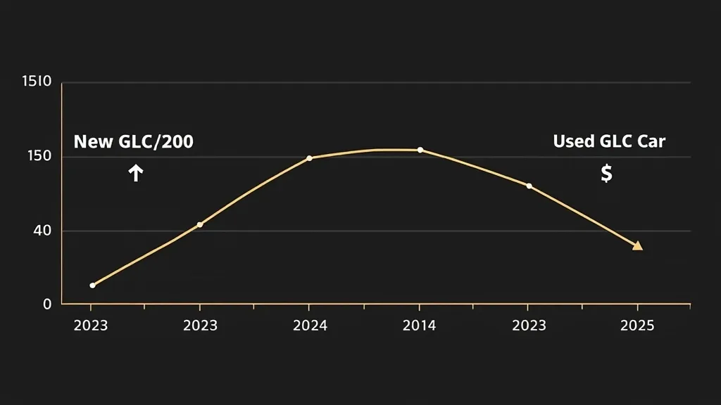 Infographic comparing new vs used Mercedes-Benz GLC 200 prices over several years.