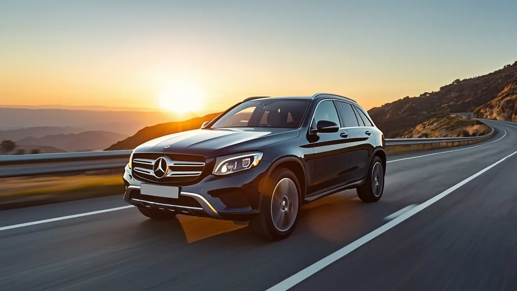 Mercedes-Benz GLC 200 driving on a scenic road, illustrating running costs and fuel efficiency.