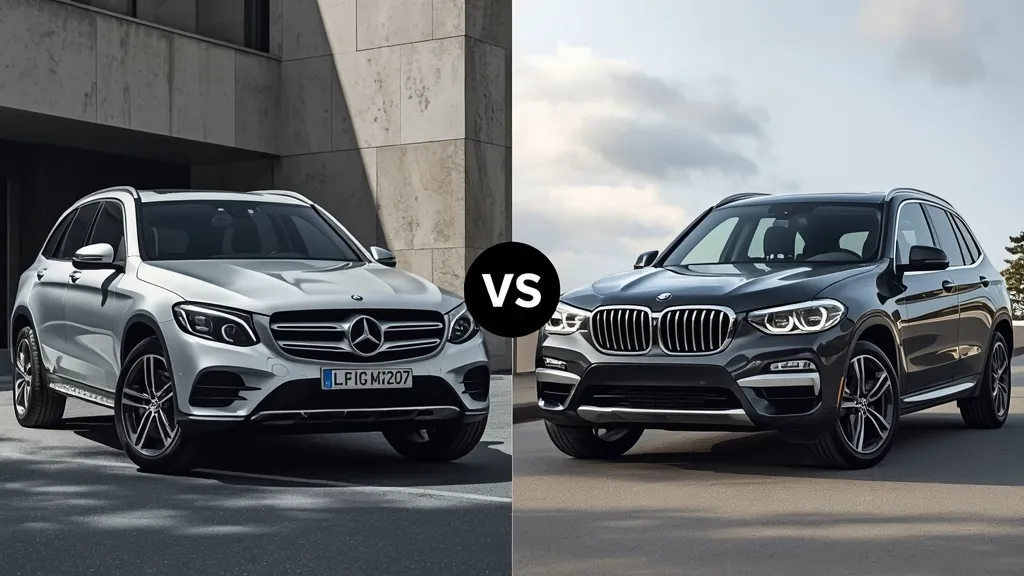 Side-by-side comparison of Mercedes-Benz GLC 200 and BMW X3, highlighting competitive pricing.