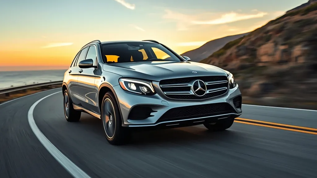 Mercedes-Benz GLC 200 cruising on a scenic road, showcasing elegant design and luxury SUV presence.